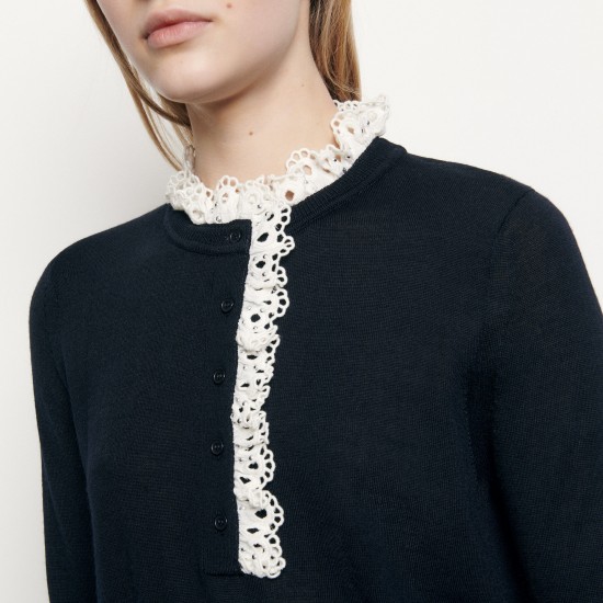 Pull avec broderie anglaise au col Sandro Soldes  Femme